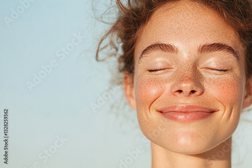 close-up image of person smiling with eyes gently shut radiating genuine happiness with copy space above