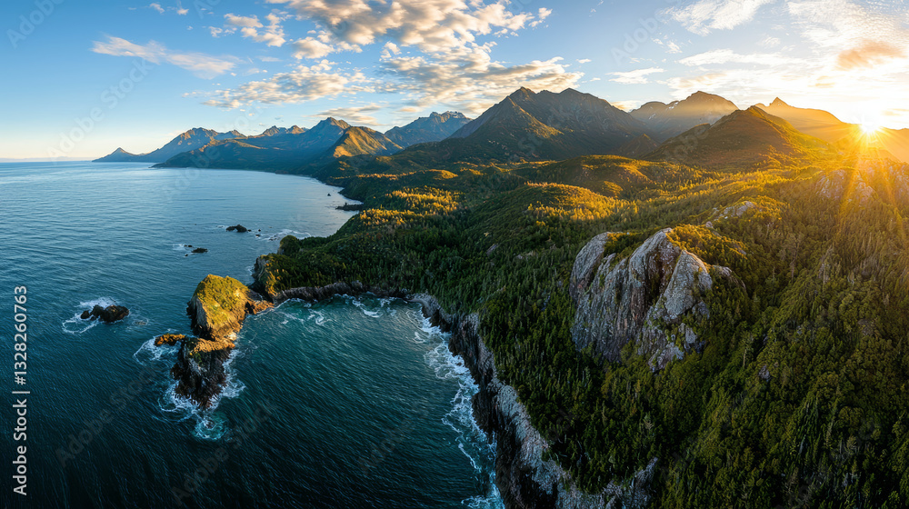 stunning aerial view of majestic mountain range meeting vast ocean, illuminated by golden sunlight, evokes feelings of serenity and freedom