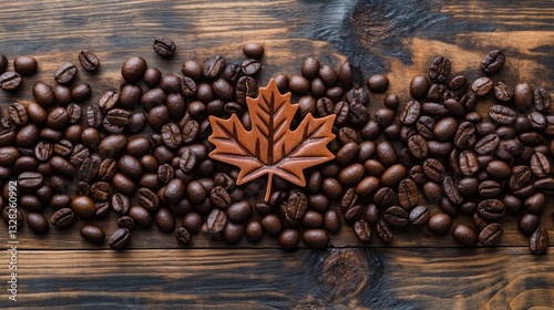 Coffee Beans with Brown Wooden Background and Maple Leaf Decoration