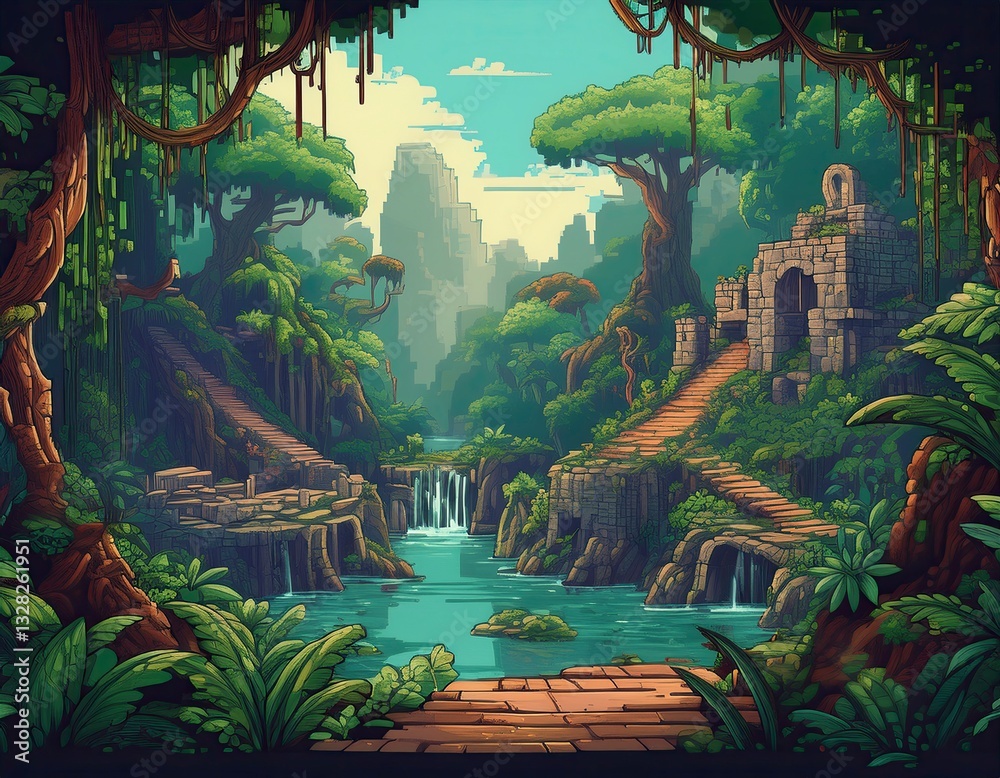 Naklejka premium Ancient stone pathways wind through a lush jungle paradise leading to a hidden waterfall and temple ruins