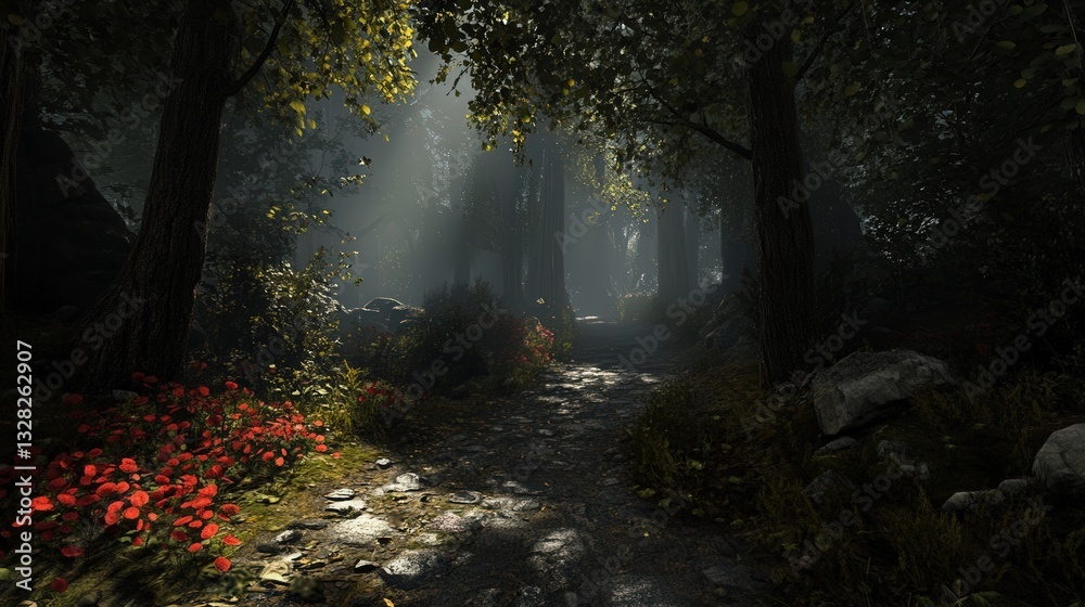 Fototapeta premium path through a dense, dark forest where light only filters through in small beams.