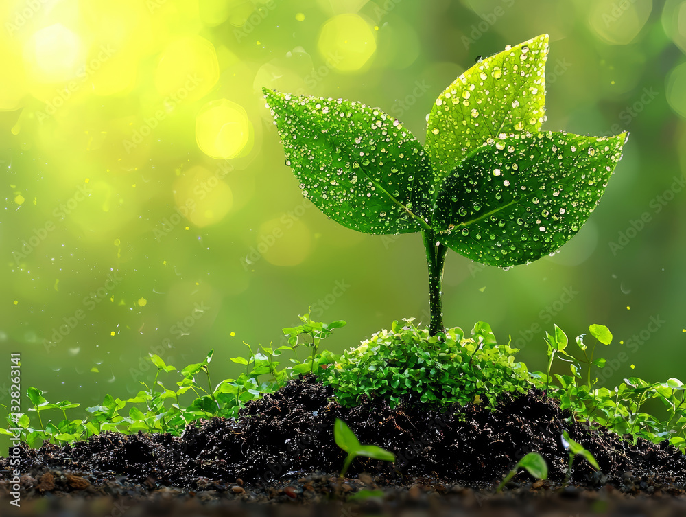 young plant emerges, vibrant and hopeful, from earth, dew clinging to its leaves in warm sunlight, symbolizing new beginnings