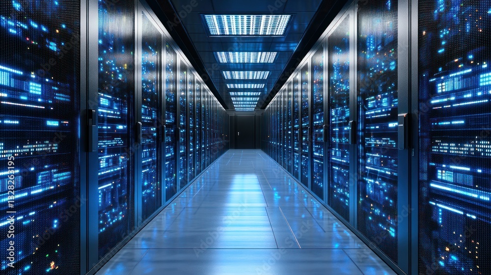 Obraz premium Futuristic Data Center Interior with Rows of Servers and Bright Blue Lighting Effects