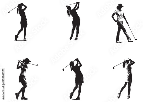 people playing golf in various poses isolated vector silhouette on white background	