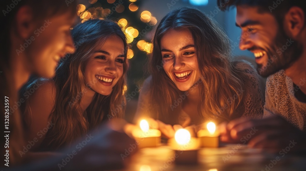 Happy friends gathered around glowing candles, enjoying a cozy evening together. Happy friends gathered around glowing candles, enjoying a cozy evening together.