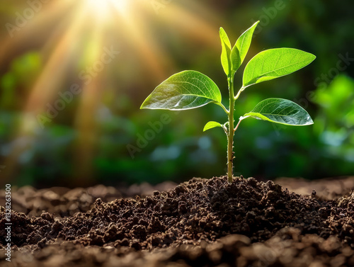 small plant grows hopefully from fertile soil, bathed in warm sunlight, reaching for sky with resilient vitality
