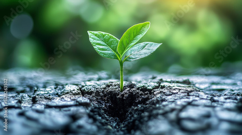 hopeful sprout emerges from cracked earth, reaching for sunlight with its vibrant green leaves, symbol of resilience
