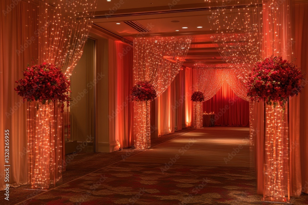 © At My Hat - Romantic wedding aisle with red flowers and warm lighting. Perfect for wedding, event, or romance themes.