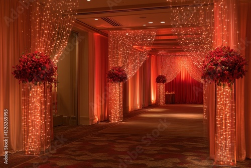 Romantic wedding aisle with red flowers and warm lighting. Perfect for wedding, event, or romance themes.