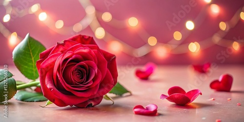 Pastel Pink Background with Red Rose and Heart Decorations - Romantic Valentine's Day Stock Photo