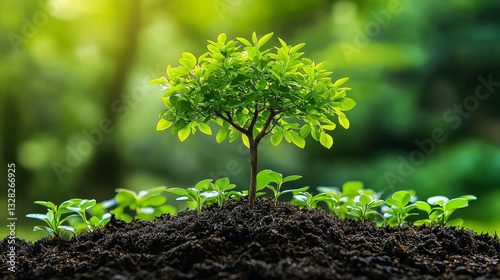 solitary tree, lush with green plants, symbolizes growth and hope against blurred backdrop, evoking feelings of peace and renewal
