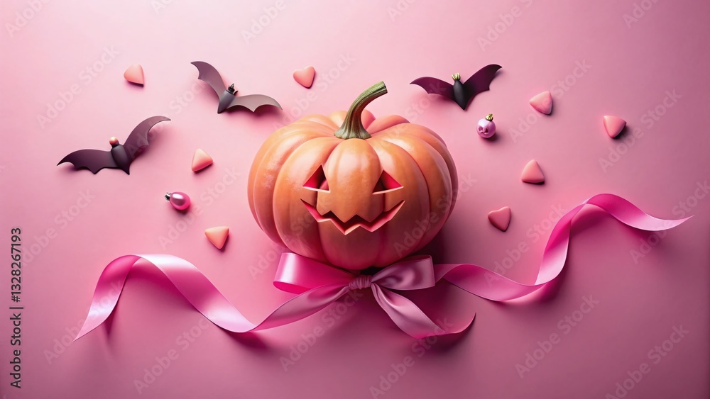 Obraz premium Pastel Pink Halloween Pumpkin Party: Aerial View of Spooky Festive Decoration
