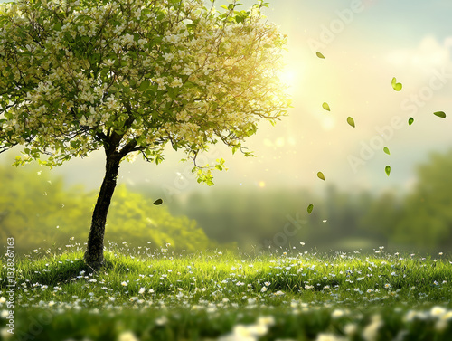 solitary tree stands gracefully in grassy field, basking in sunlight, its leaves dancing with gentle breeze creating serene, peaceful, and hopeful scenery
