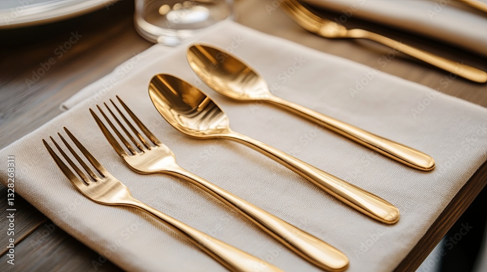 A polished set of gold-plated cutlery neatly arranged on a light napkin pic A polished set of gold-plated cutlery neatly arranged on a light napkin pic