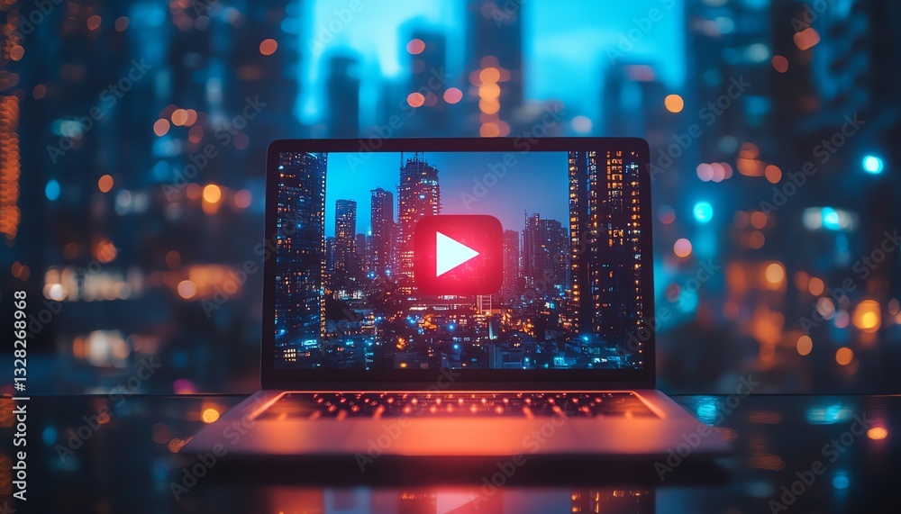 Streaming play button icon hologram in front of laptop, handheld with cityscape background, digital media and entertainment theme Streaming play button icon hologram in front of laptop, handheld with cityscape background, digital media and entertainment theme