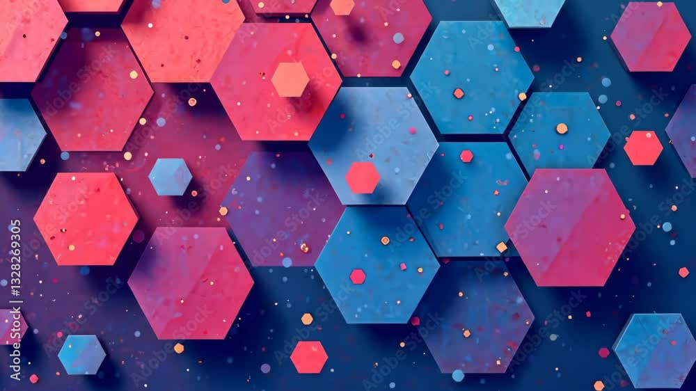 A close up of a blue and red hexagon. The blue hexagon is surrounded by red hexagons