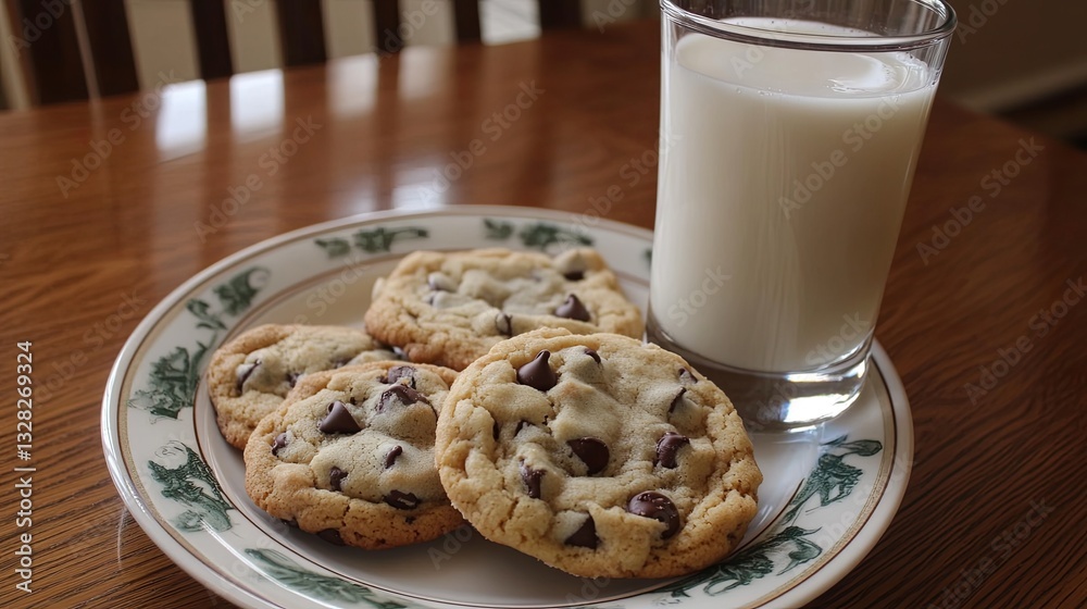 A plate of freshly baked chocolate chip cookies with a glass of cold milk. picture