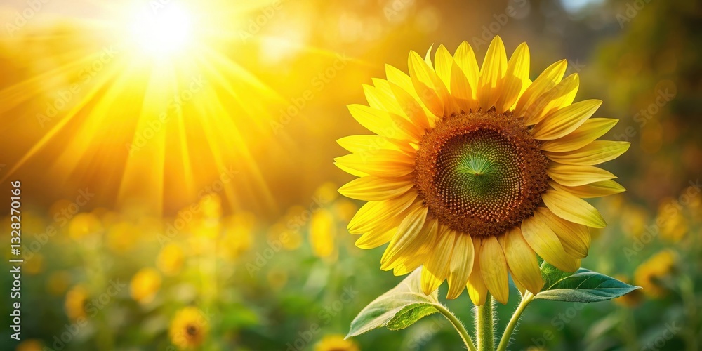 Obraz premium Warm sunlight illuminates a bright yellow sunflower on a summer day, symbolizing happiness and joy, hello july, sunny