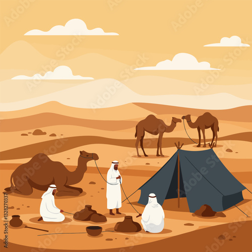 Desert Camp with Camels and People Resting in Sandy Landscape