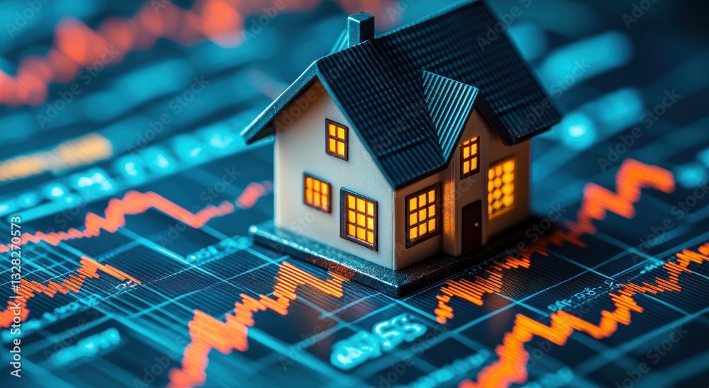 Miniature house model placed on a financial chart representing real estate market trends and investment opportunities with colorful data visualization Miniature house model placed on a financial chart representing real estate market trends and investment opportunities with colorful data visualization