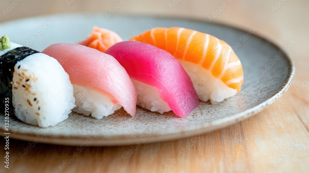 plate of artisanal sushi delicately arranged on rustic wooden table