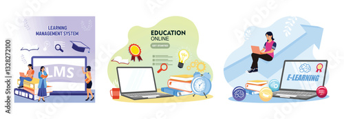 Learning Management System for online education showing laptops, books, and education icons.