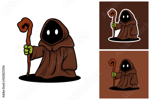 Mysterious Hooded Mage with Staff Cartoon Mascot