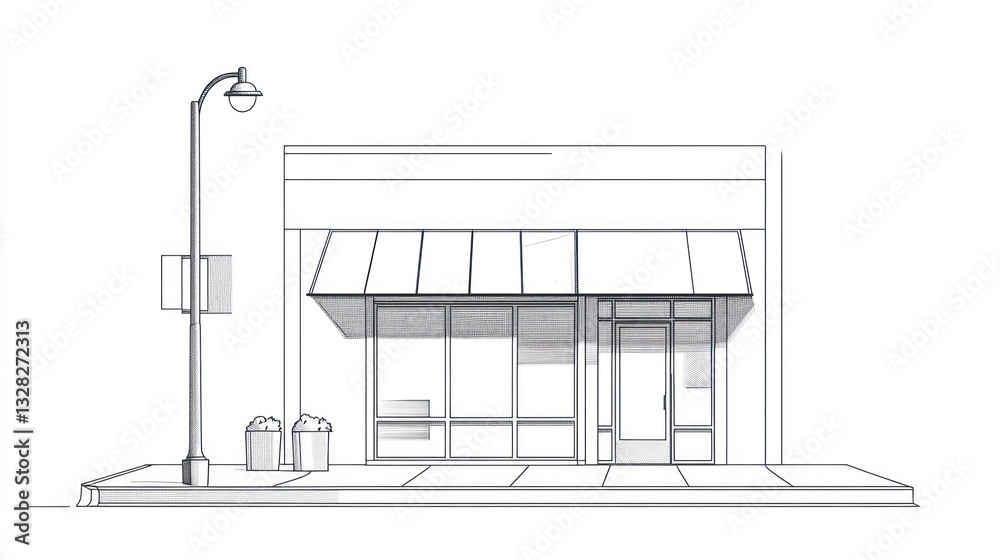 Architectural sketch of a storefront on a city street Architectural sketch of a storefront on a city street