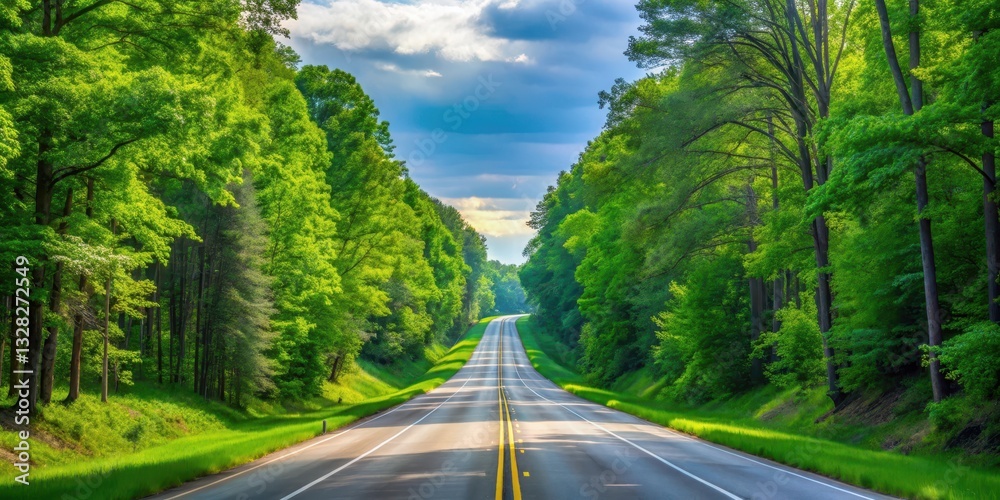 Fototapeta premium A serene highway with lush greenery and tall trees alongside it in Cleveland Ohio, Urban Countryside, Cuyahoga County Roads