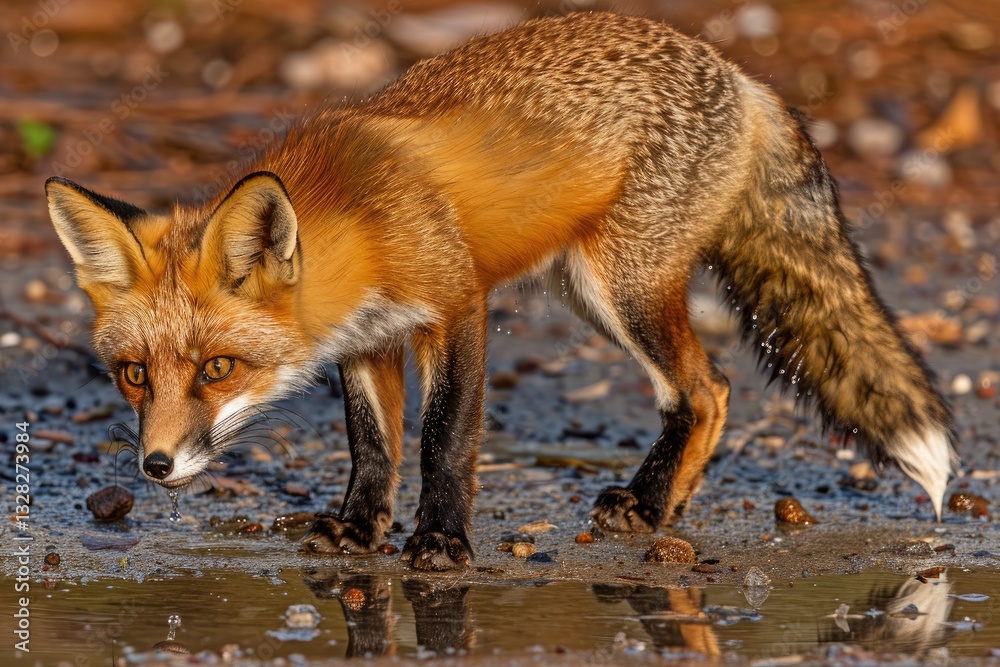 Fototapeta premium Red Fox by Puddle in Natural Habitat