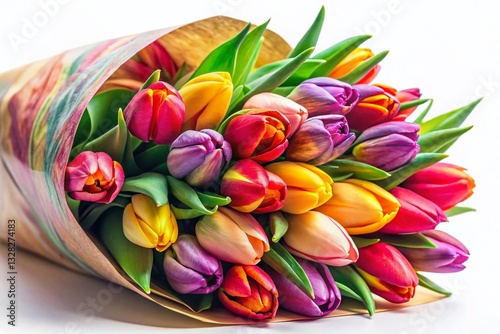 Pink Background Tulip Bouquet Top View Swirl Paper Wrapping - Spring Floral Photography