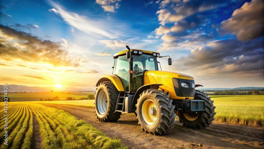 Obraz premium A large yellow agricultural tractor stands prominently in a field, its powerful engine and robust wheels ready for heavy-duty farming tasks , countryside, rural landscape