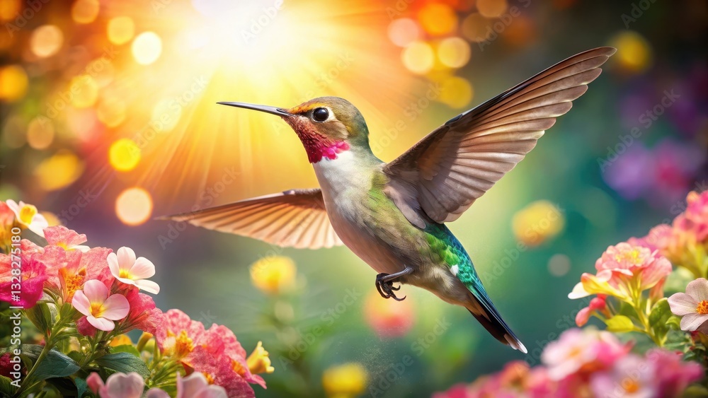 Fototapeta premium A hummingbird's iridescent feathers glisten in sunlight as it flits between vibrant flowers with delicate petals and sweet fragrance , hummingbirds, birds