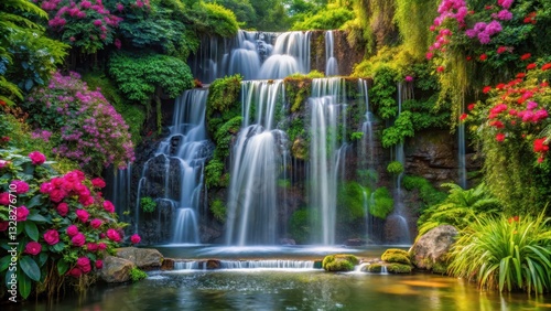 waterfall cascade in dense foliage, flowers, outdoors,  flowers, outdoors, forest, mist