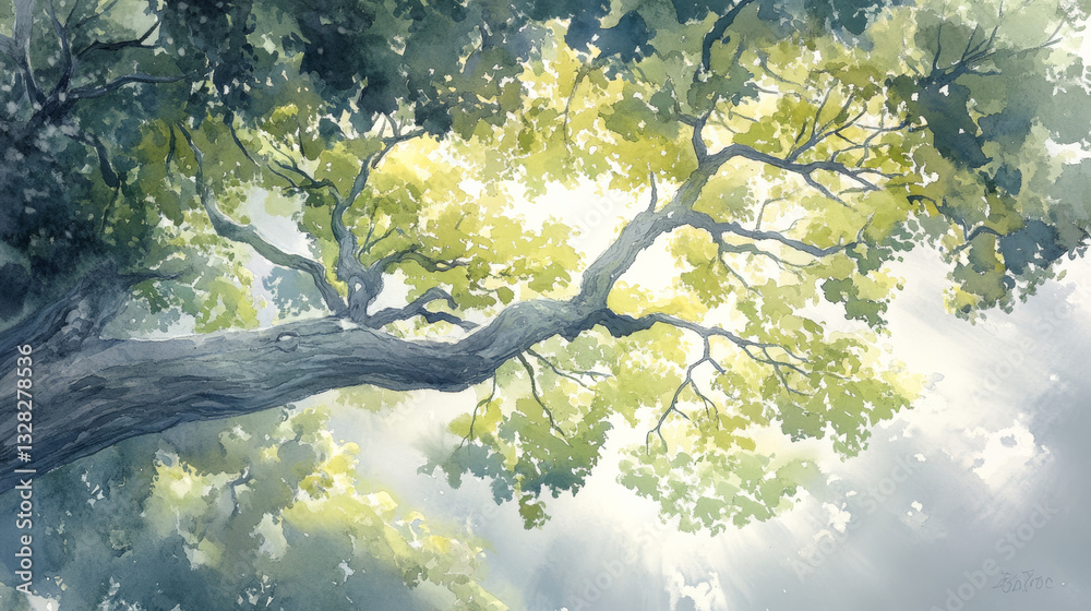 Fototapeta premium watercolor painting of treetop glows against bright sky