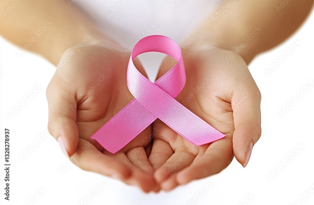 Woman's Hands Gently Holding a Pink Awareness Ribbon Woman's Hands Gently Holding a Pink Awareness Ribbon
