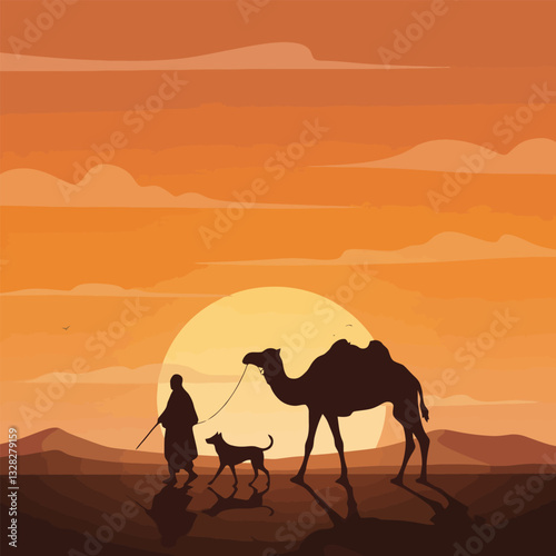 Walking Camel and Dog at Sunset in Desert Landscape Vector