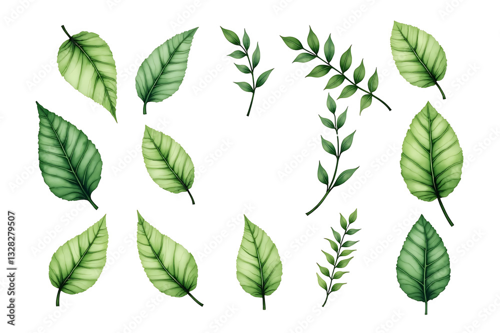 Obraz premium Watercolor Green Leaf Set - Botanical Foliage Illustration