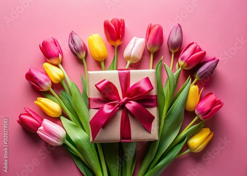 Pink Tabletop Flatlay: Gift Box & Tulips - Birthday, Mother's Day, Valentine's, Wedding