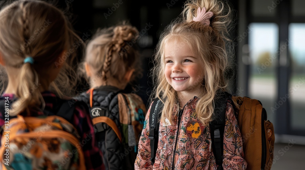 Joyful Little Girl with Backpack Smiling in Bright Outdoor Setting Joyful Little Girl with Backpack Smiling in Bright Outdoor Setting