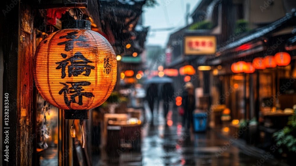 Obraz premium Rainy evening in traditional japanese street colorful lanterns urban scene serene atmosphere captivating view