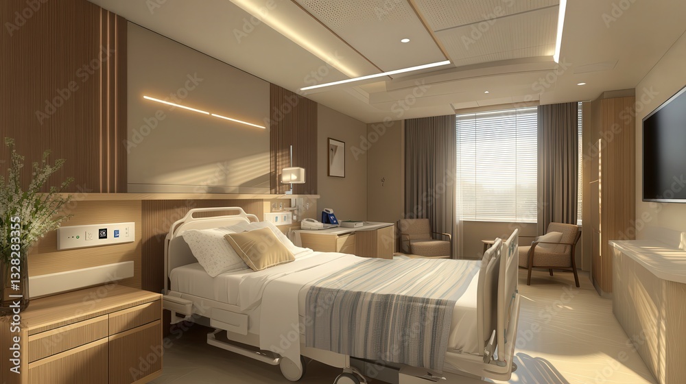 Fototapeta premium VIP patient room with custom bedding, warm oak furniture, and a touchless smart lighting system