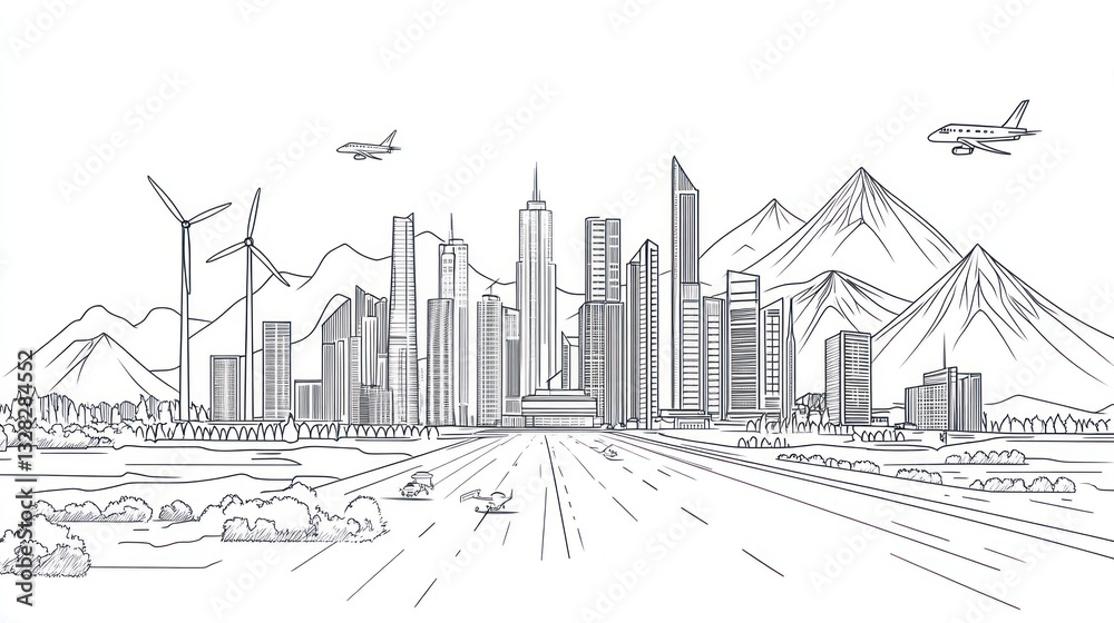 Naklejka premium Cityscape sketch, urban panorama, mountains, wind turbines, planes