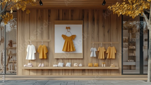 Visual merchandising in urban setting children's clothing boutique front view