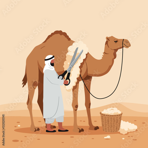 Man Shearing Camel in Desert Landscape with Scissors and Basket