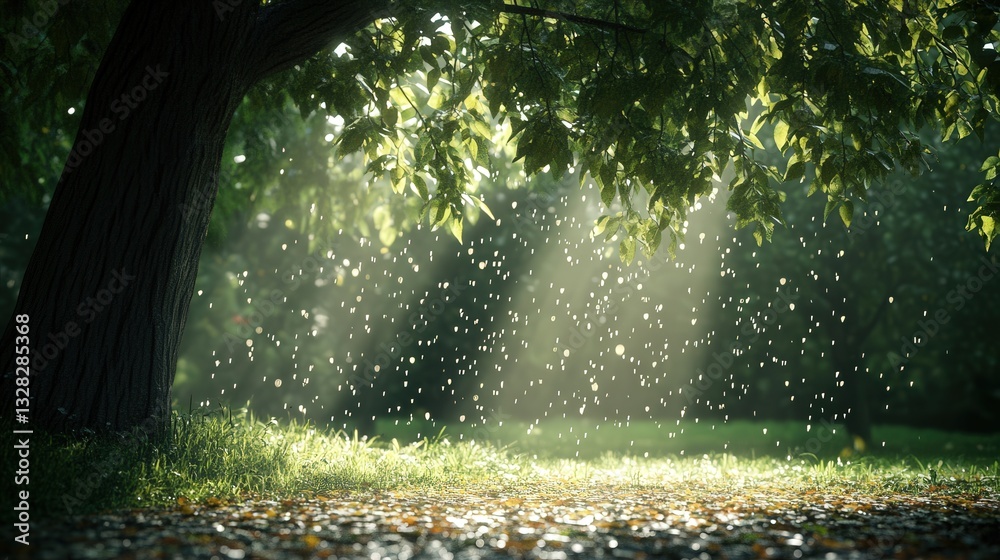 Obraz premium sunlight filtering through the branches of a rain tree, creating a warm, dappled light on the ground beneath