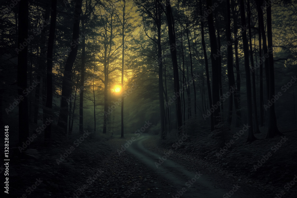 Fototapeta premium morning in the forest shining through the trees with a road going through 