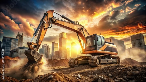 Wallpaper Mural Powerful Excavator Digging at Construction Site, Industrial Heavy Machinery at Work Outdoors Torontodigital.ca