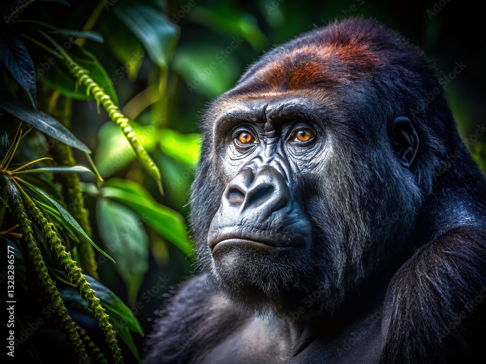 Obraz premium Powerful Night Portrait: Close-up of a Black Gorilla's Profile Against Lush Greenery