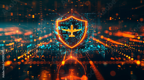 Digital shield with an airplane icon representing aviation cybersecurity and protection against cyber threats